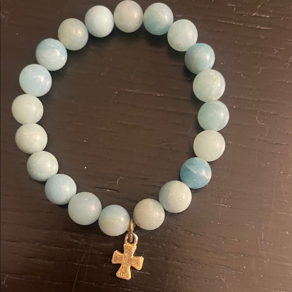 Blue Beaded Bracelet with Gold Cross Charm